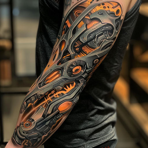 Biomechanical tattoo with sci-fi aesthetics