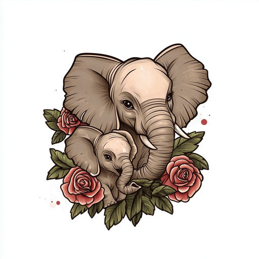 Mother and baby elephant tattoo sketch on pure white background