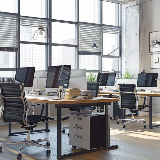 Well-organized office with spacious desks and modern computers