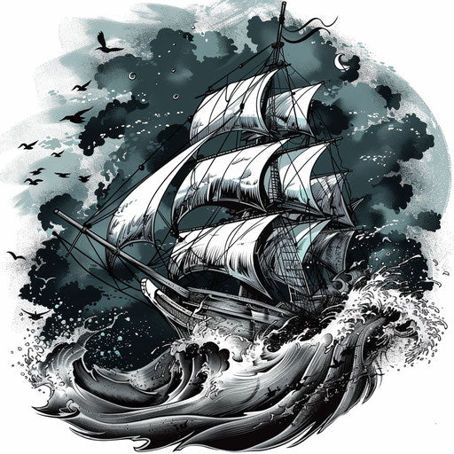 Classic clipart style tattoo sketch of a ship on rough seas