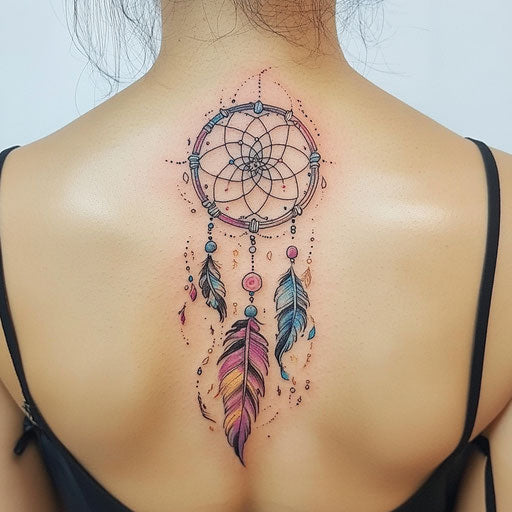 Back shoulder tattoo with dreamcatcher and soft feathers