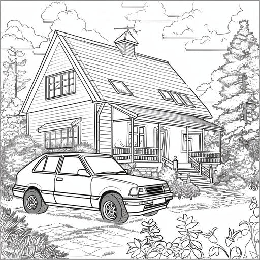 Car in front of suburban house with garden