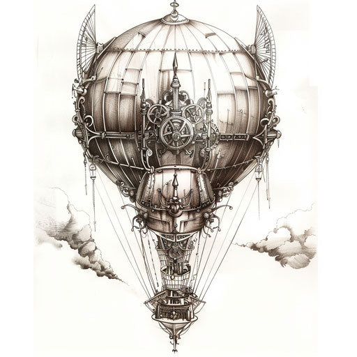 Steampunk dirigible mechanical tattoo with detailed balloon and propellers, on white background