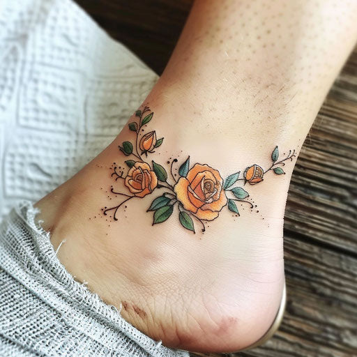 Romantic flat tattoo sketch of an ankle bracelet with soft watercolor roses