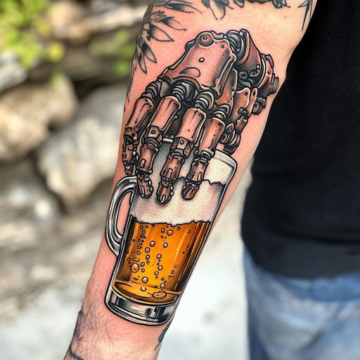 tattoos and alcohol with a biomechanical hand holding a beer mug on the forearm in the style of Adrian Smith