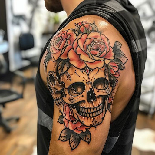 Stylish tattoos for men with vintage skull and roses on arm