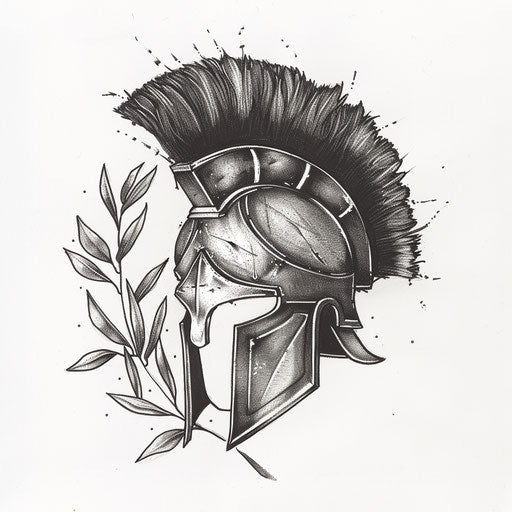Detailed drawing of a Spartan helmet with olive branches