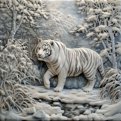 Graceful white tiger on icy terrain