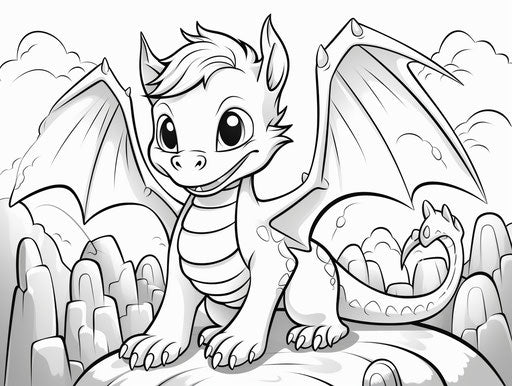 Coloring page of a cute dragon with wings