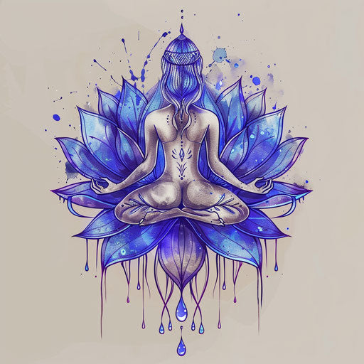 Elegant sketch of lotus with meditating yogi, soothing blues and purples