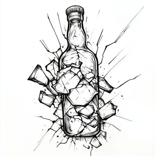 Beautiful flat clipart style tattoo sketch mafia tattoo with broken whiskey bottle on pure white background