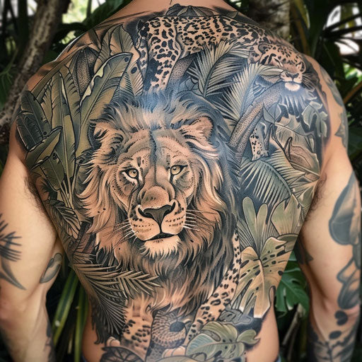 Back tattoo of a lion in the jungle