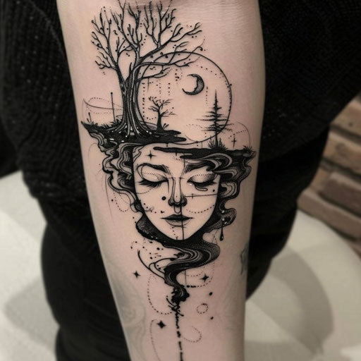 Depression tattoo with mystical themes, in the style of David Palumbo