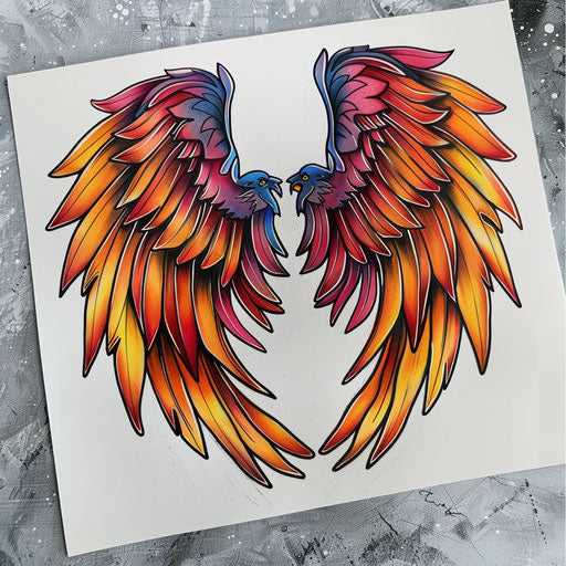Mythical griffin wings tattoo illustration in bold colors