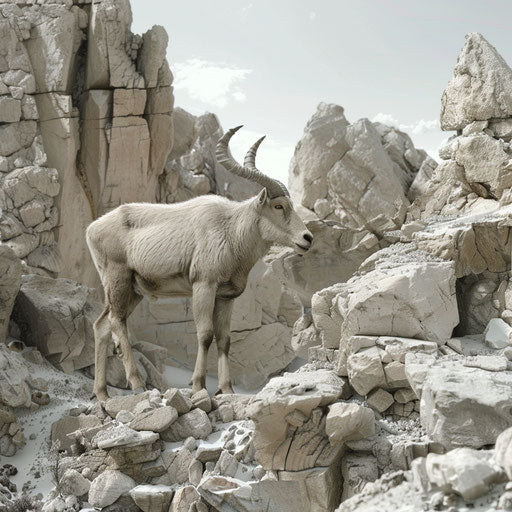 Ibex blending into rocky terrain, in the style of Simen Johan