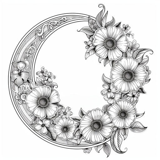 Floral mandala moon with intricate designs in the style of Mindy Sommers Coloring book page