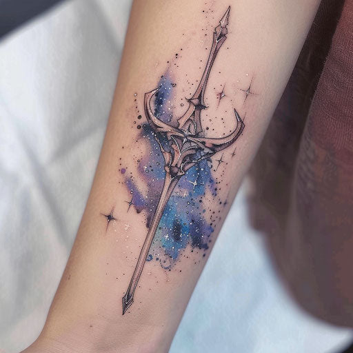 Cosmic trident tattoo with stars and galaxies