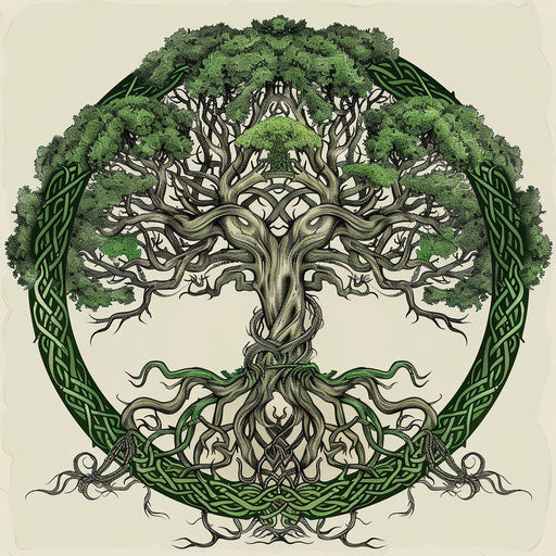 Intricate tattoo sketch of the World Tree Yggdrasil, intertwined with Thor's story, rendered in a flat style with green outlines