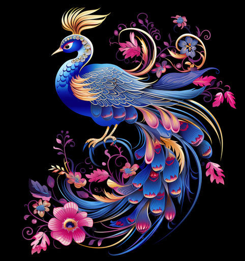 Blue and ornamental embroidered bird in traditional style
