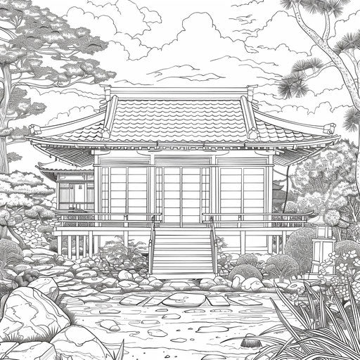Traditional Japanese tea house in a serene garden