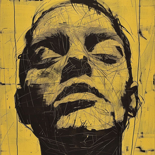 Closed emotion, dark yellow and gold, deconstructive, poetic, trashcore, absurd, bold line use, controversial