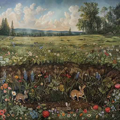 Rabbit burrow network under field of wildflowers