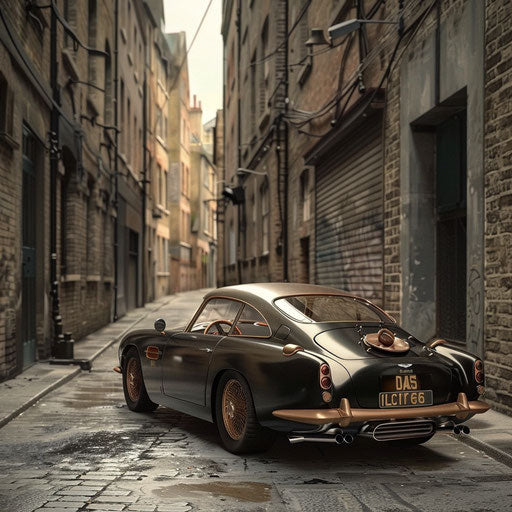Steampunk-inspired Aston Martin DB6 in an old London alley