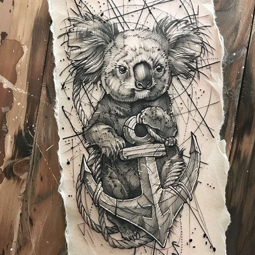 Old school flat tattoo sketch of a koala with a nautical anchor and rope