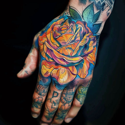 Rose hand tattoo in the style of Guy Aitchison with vibrant, abstract colors