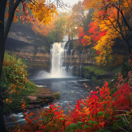 Minnehaha Falls, Minnesota, in autumn with colorful foliage, in the style of William Patino