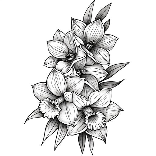 Elegant flat tattoo sketch featuring daffodils clipart