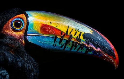 Weaver's toucan portrait, closeup of beak and head with vivid colors on black background