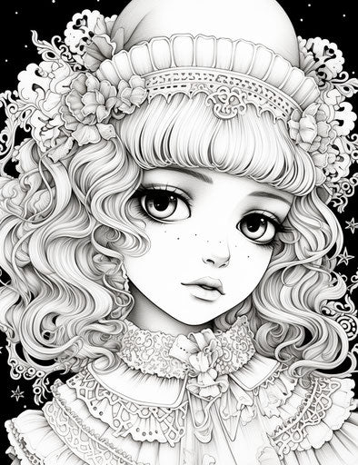 Anime coloring page of cute girl, gothic dark style