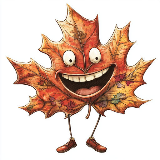 Humorous caricature of a maple leaf with human characteristics