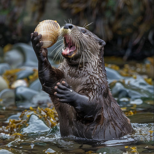 Playful otter with clam shell