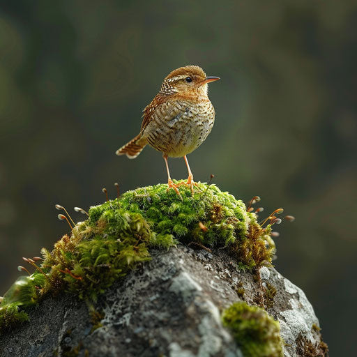Wren on mossy rock, Elke Vogelsang style