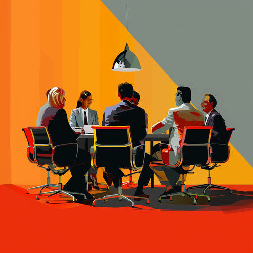Realistic meeting illustration with flat random color background