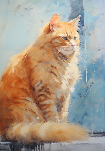An orange cat on a blue stage, light gold and dark brown style