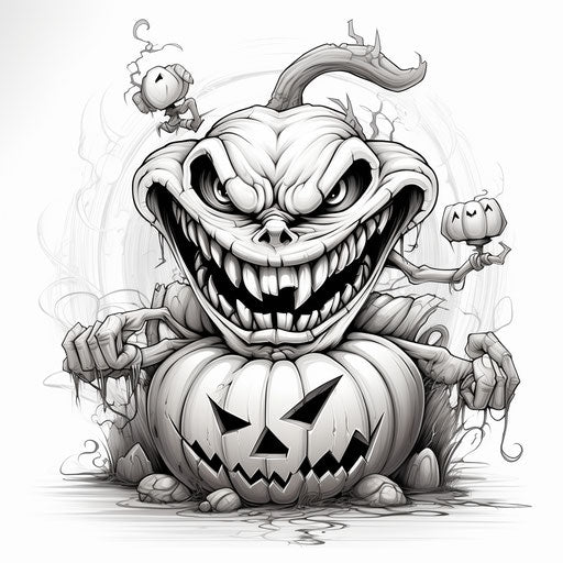 Ugly grinning pumpkin vector in style of Joe Madureira, black and white drawings, captivating Tiago Hoisel, storybook stencils