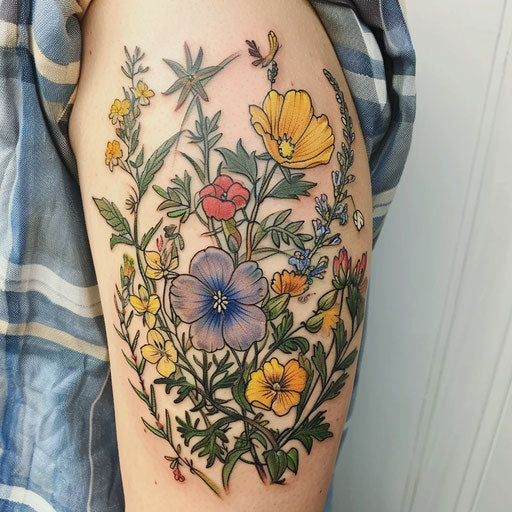 Realistic wildflower tattoo, vibrant hues, lifelike details, botanical accuracy