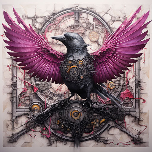 Bird with detailed wings, bright black and magenta