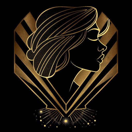 Art deco salon logo with angular designs on black and gold background