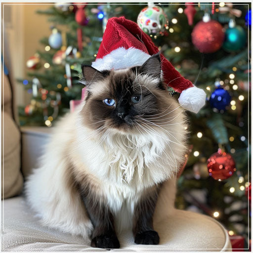 Himalayan cat wearing Christmas hat near decorated tree