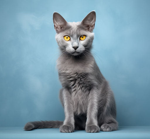 A gray cat on a white background, light indigo and dark gold style