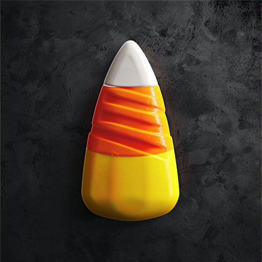 Candy corn clipart rendered in a realistic style on a flat, dark charcoal background, accentuating dramatic contrast and intricate detail