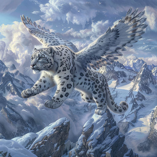 Snow leopard with wings soaring over mystical mountains