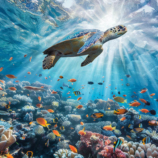 Green turtle on colorful coral reef under the sun