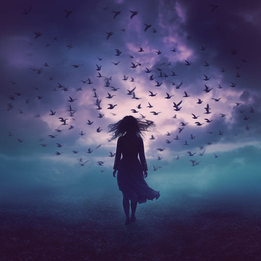 Silhouette of a girl in the sky with birds flying