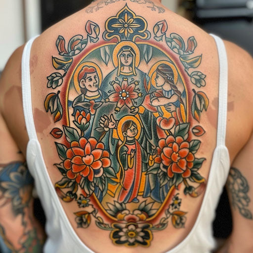 Vibrant traditional family tattoo with floral patterns