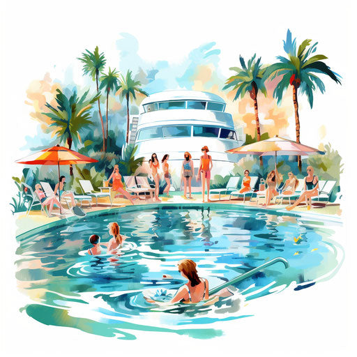 Pool Party Clipart in the Style of Oil Painting, on White Background